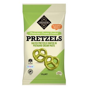 Hugos Pistachio Cream Coated Pretzels 120g